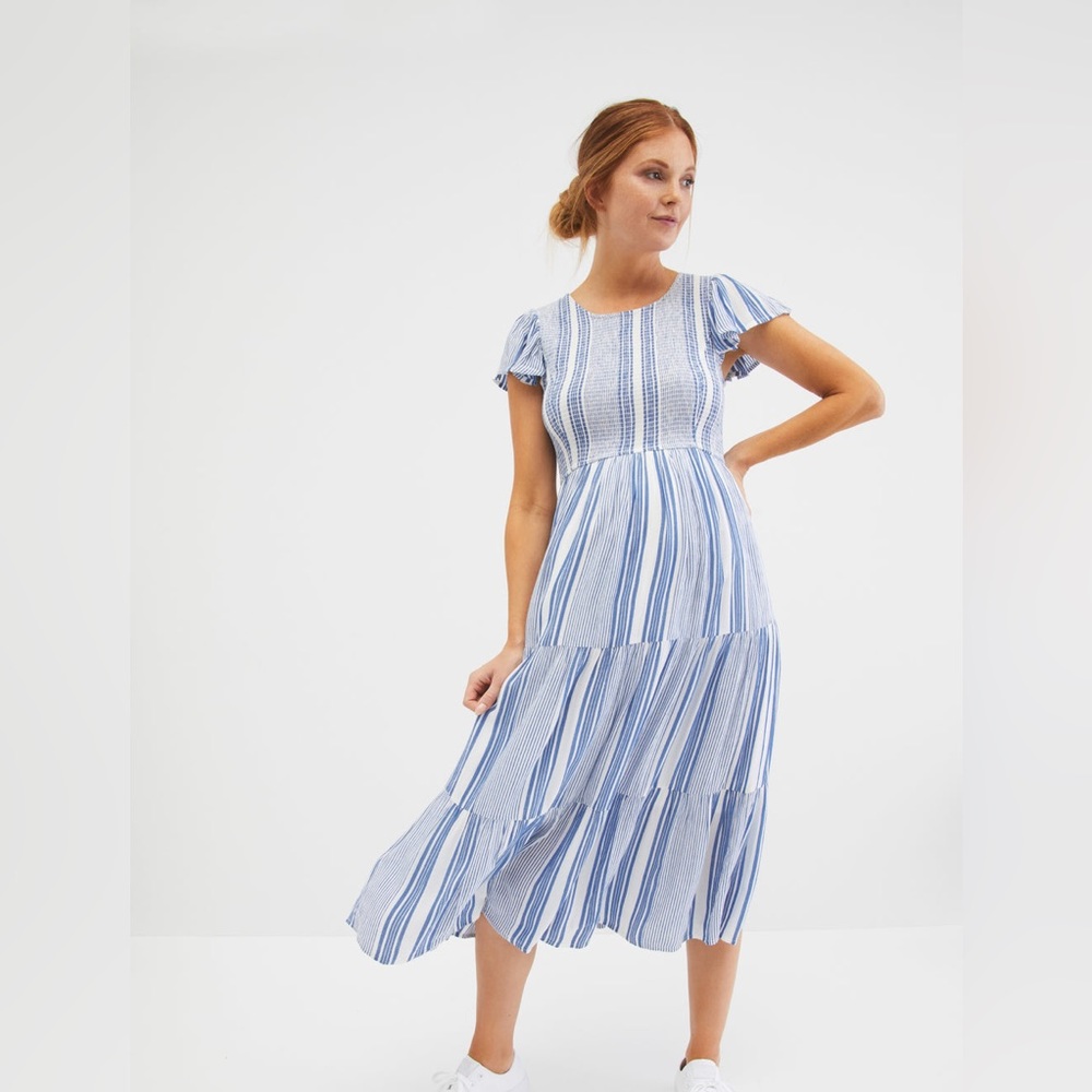 SMOCKED FLUTTER SLEEVE TIERED MIDI MATERNITY DRESS